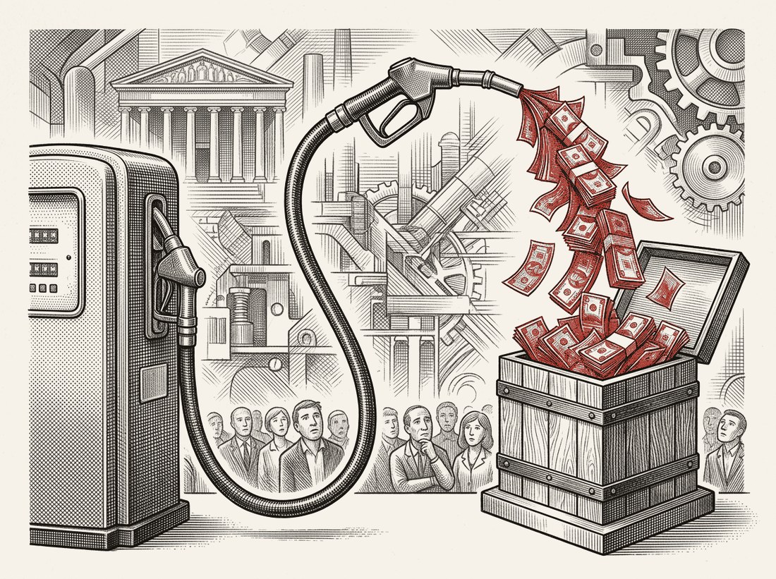 Ilustración editorial: una bomba de combustible vierte billetes en una urna electoral